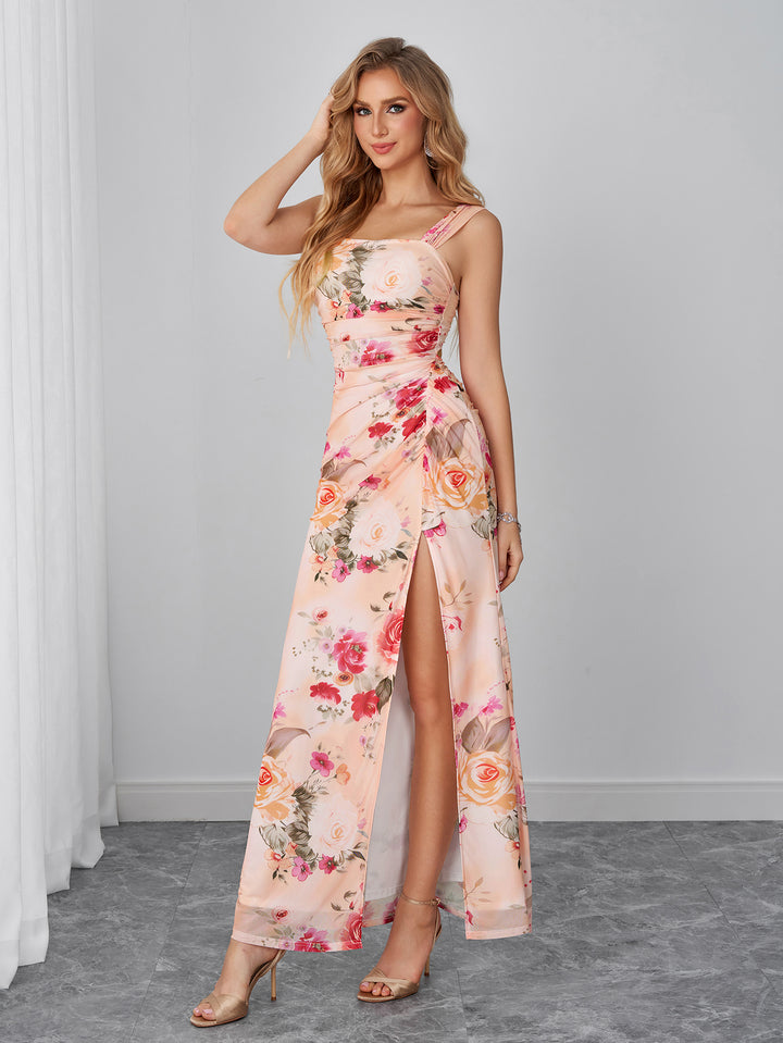 Tie Back Ruched Split Floral Print Mesh Dress