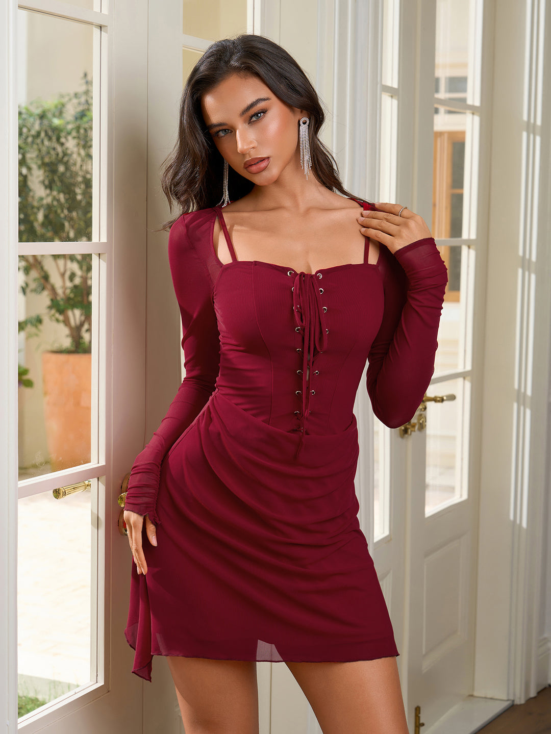 Tie Front Bodycon Ruched Mesh Dress#color_wine