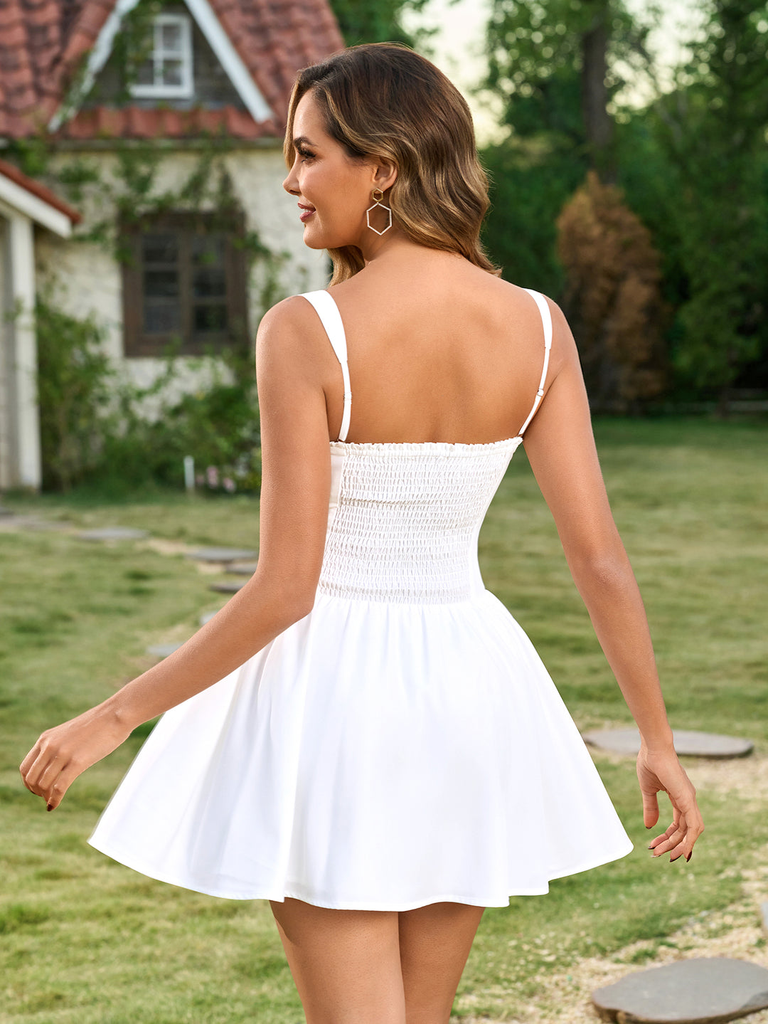 Ruched Front Tie Zipper Solid Mini Dress#color_white