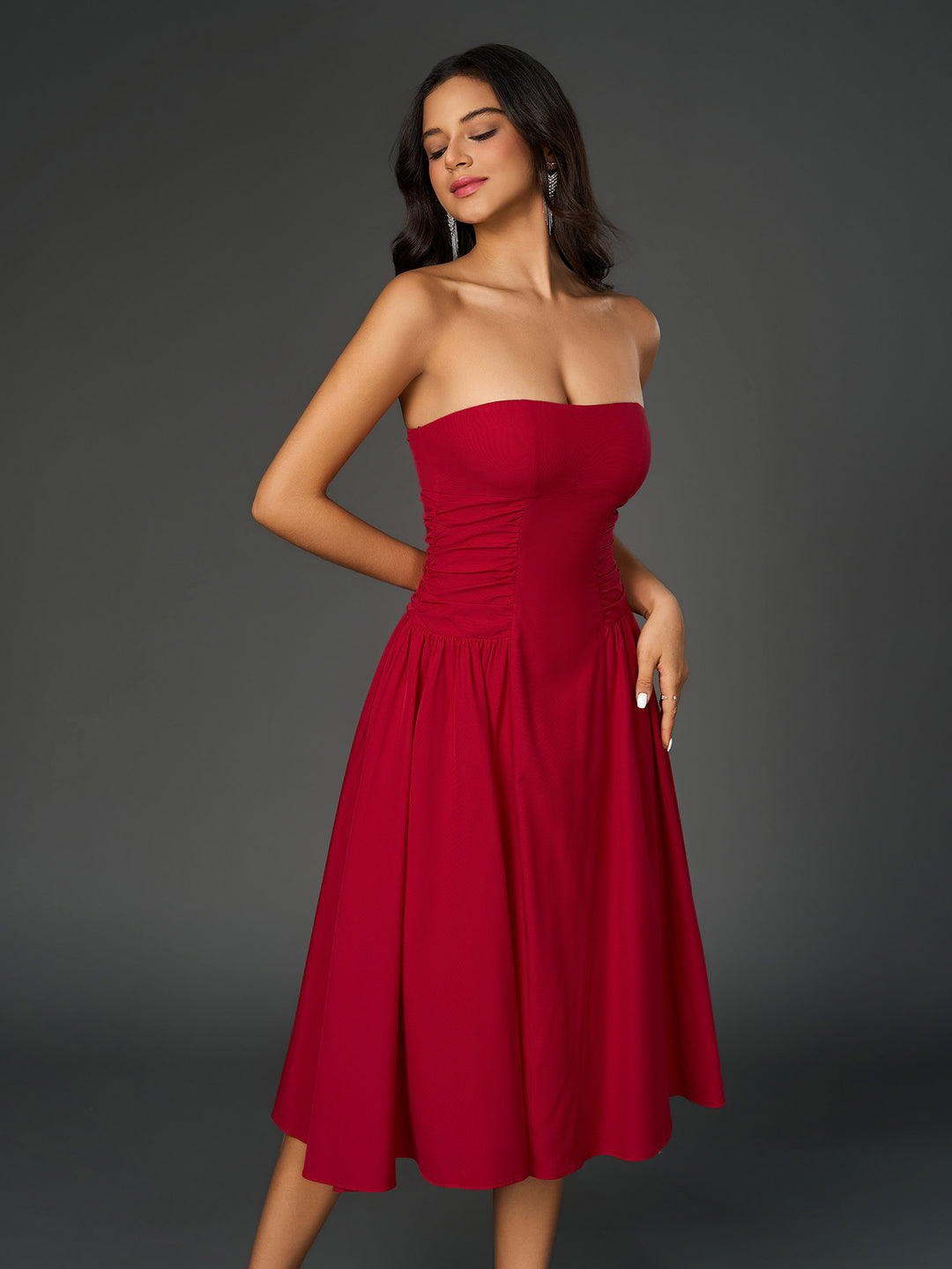Ruched Waist Backless Prom Tube Dress, Red / XS Ruched Waist Backless Prom Tube Dress, Red / XS