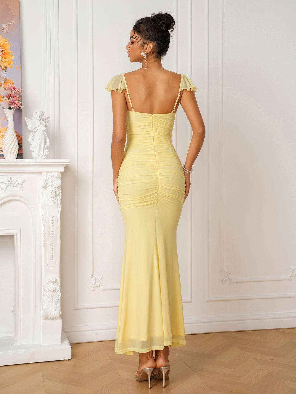 Ruched Mermaid Zipper Back Bodycon Maxi Dress#color_yellow