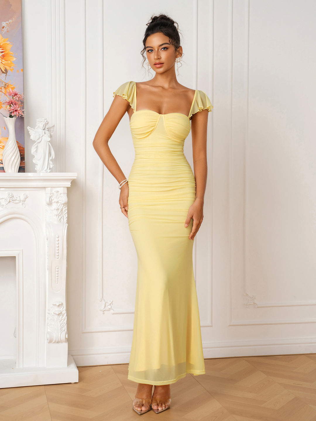 Ruched Zipper Back Mermaid Bodycon Maxi Dress