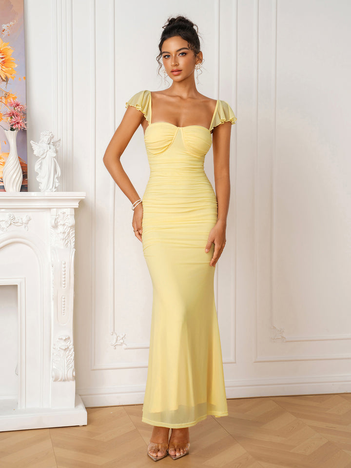 Ruched Zipper Back Mermaid Bodycon Maxi Dress
