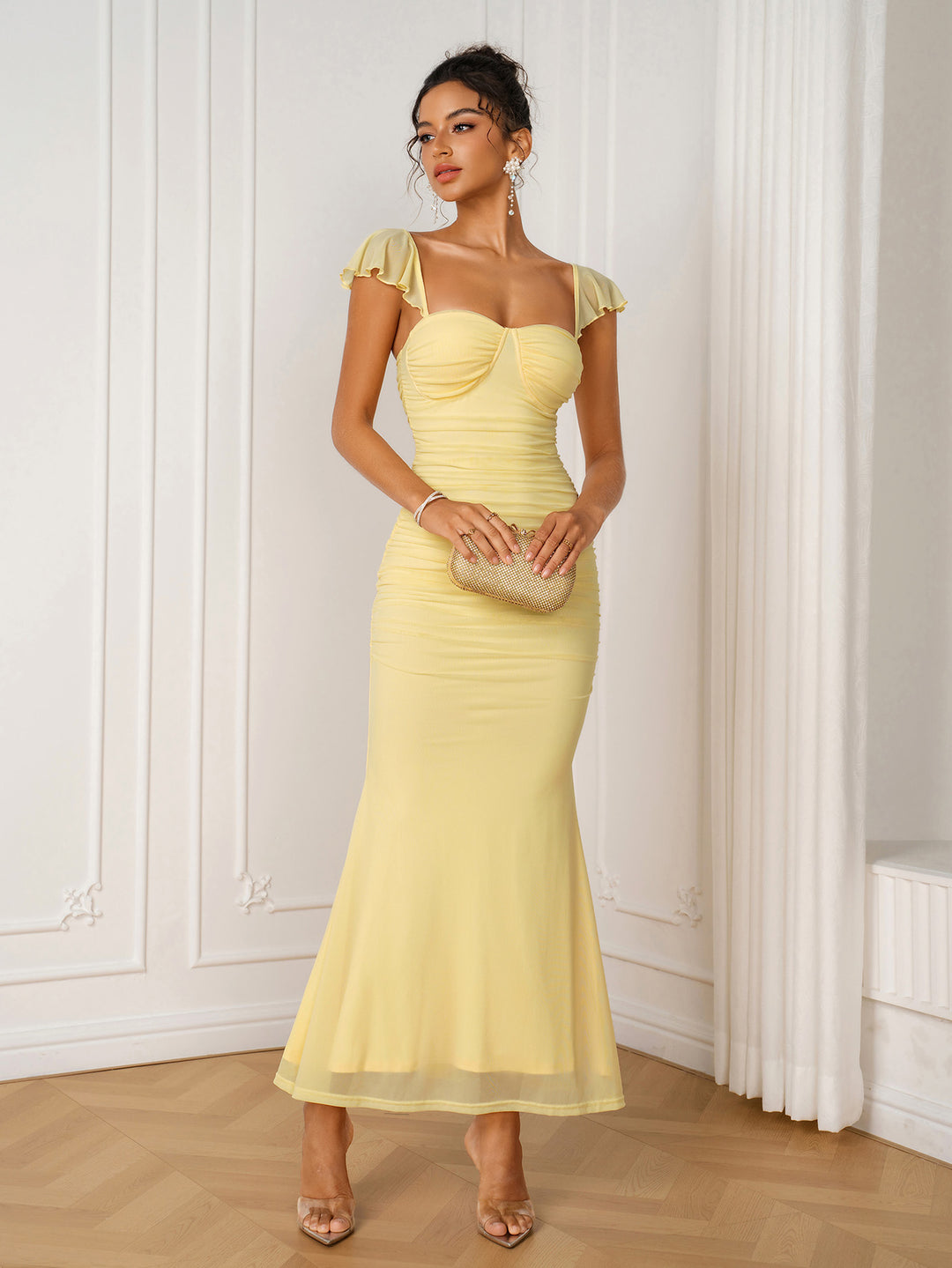Zipper Back Ruched Mermaid Bodycon Maxi Dress