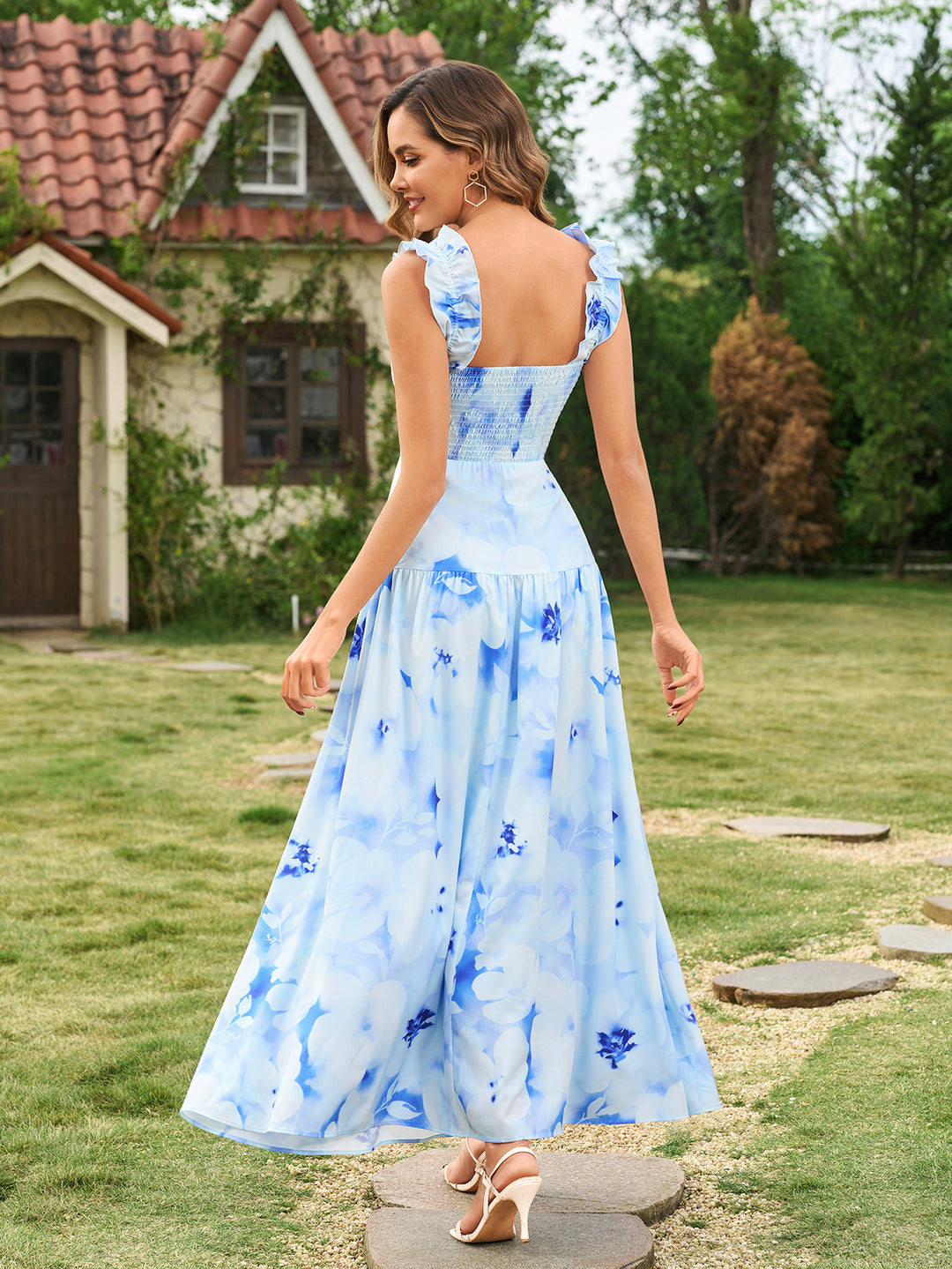 Ruffle Square Straps Neck Backless Floral Print Dress#color_bluefloral