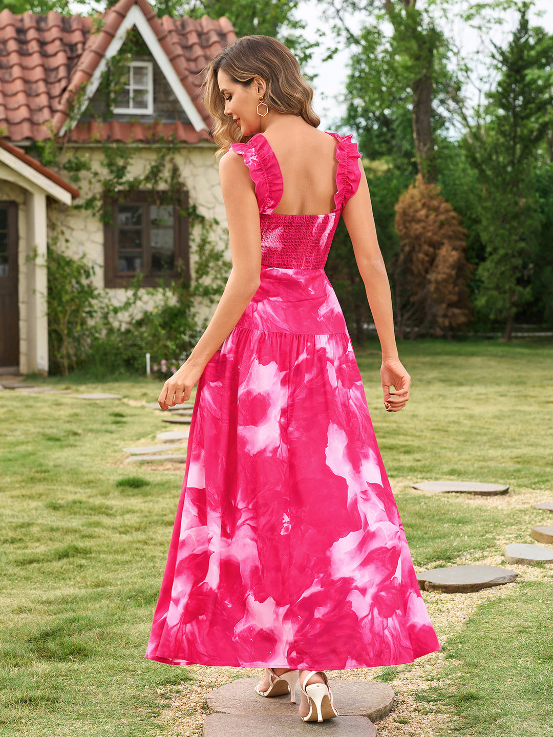 Ruffle Square Straps Neck Backless Floral Print Dress#color_pinkfloral