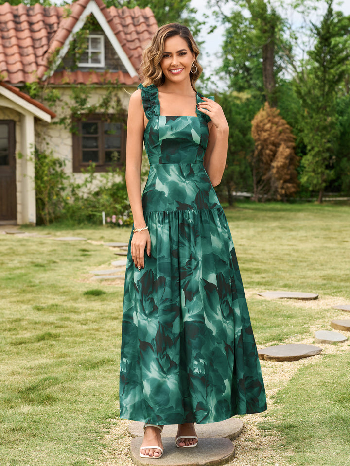 Square Straps Ruffle Neck Backless Floral Print Dress#color_greenprint