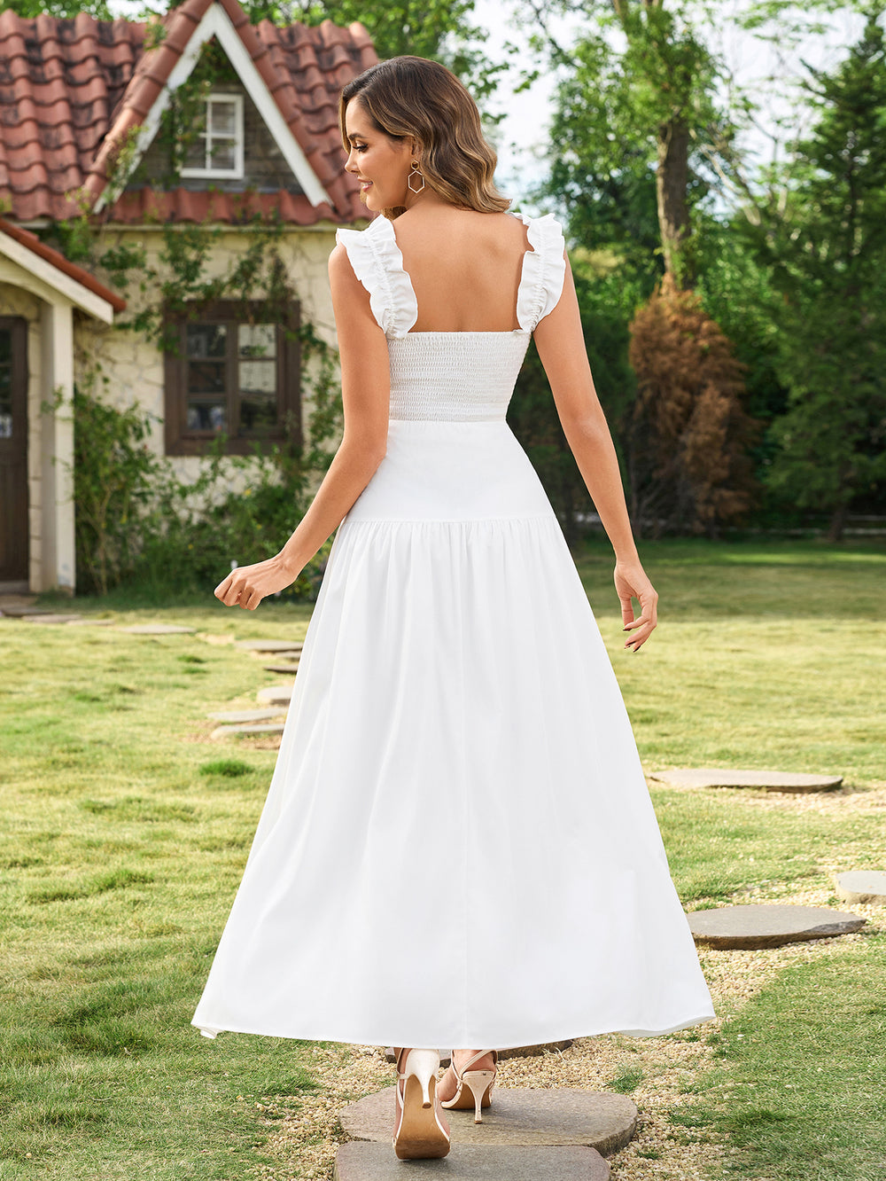 Ruffle Square Straps Neck Backless Maxi Dress#color_white