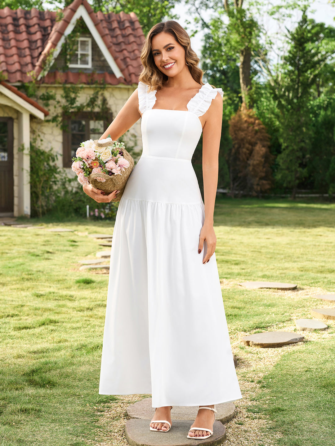 Square Straps Ruffle Neck Backless Maxi Dress#color_white