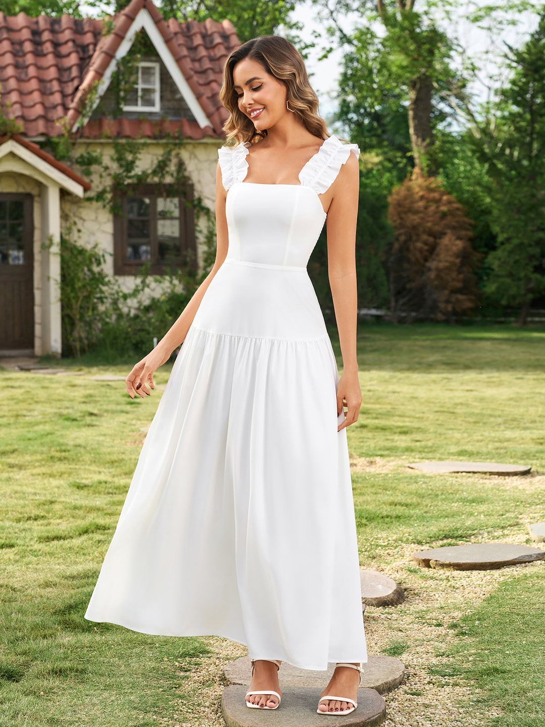 Straps Ruffle Square Neck Backless Maxi Dress#color_white