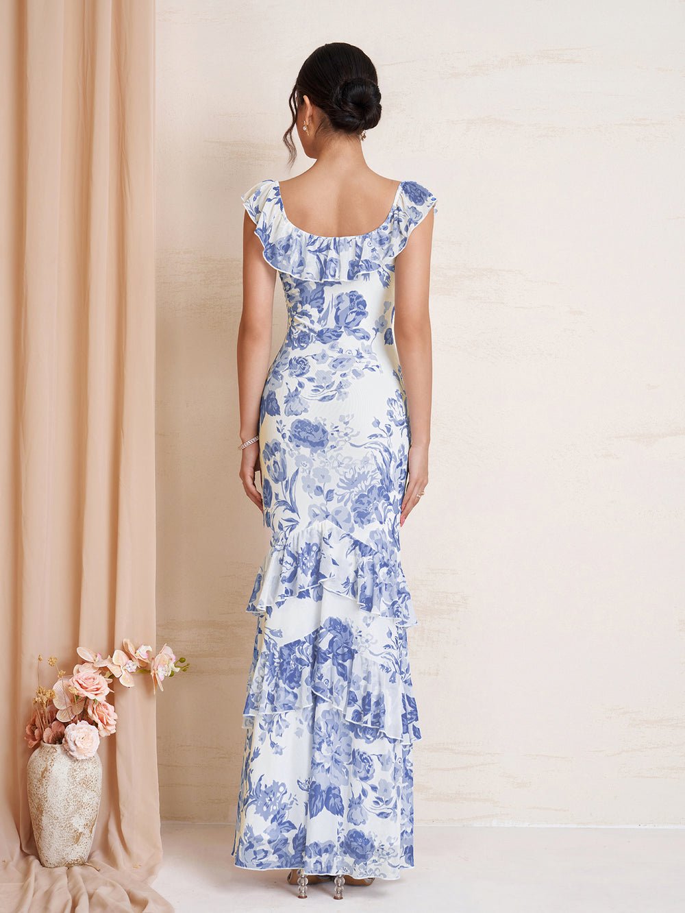 Ruffle Trim Bodycon Floral Print Mesh Dress#color_bluefloral
