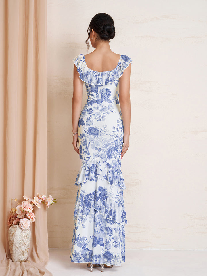 Ruffle Trim Bodycon Floral Print Mesh Dress