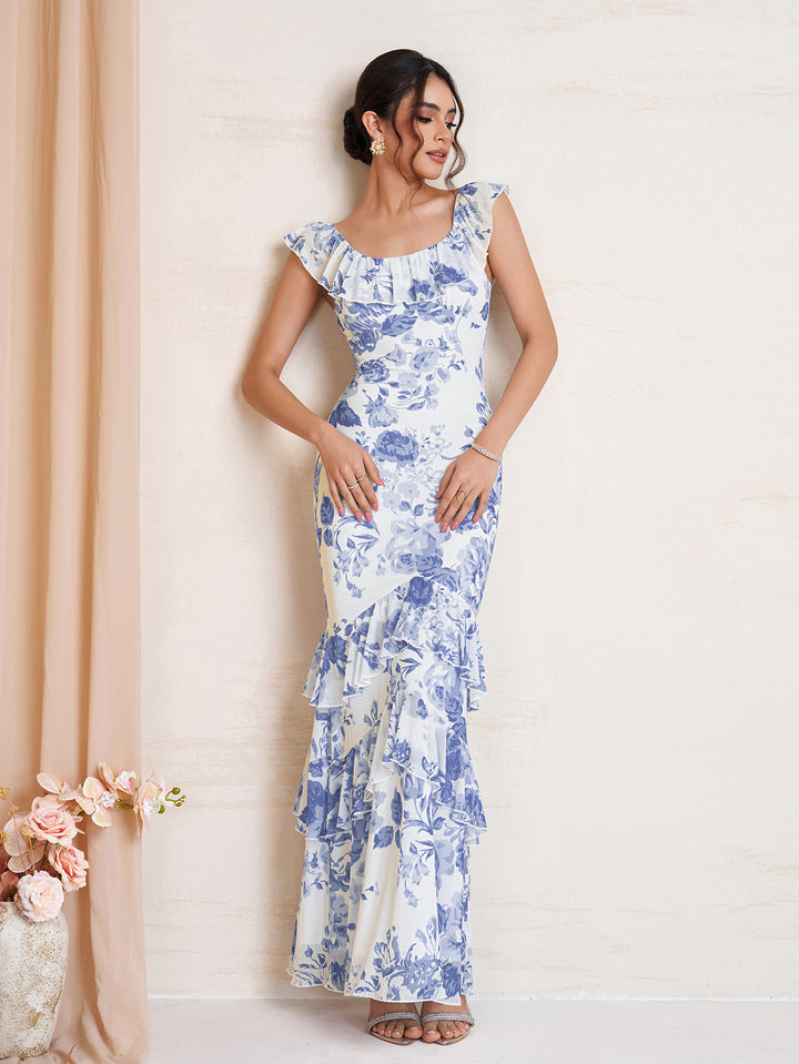 Bodycon Floral Print Ruffle Trim Mesh Dress