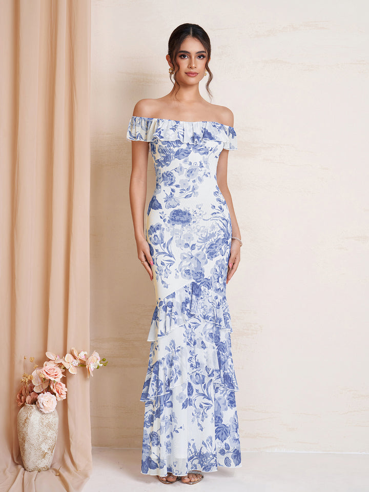 Bodycon Ruffle Trim Floral Print Mesh Dress