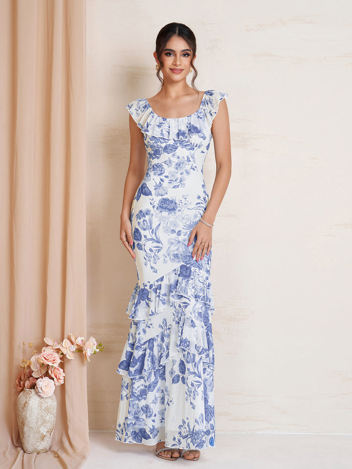 Ruffle Trim Floral Print Bodycon Mesh Dress