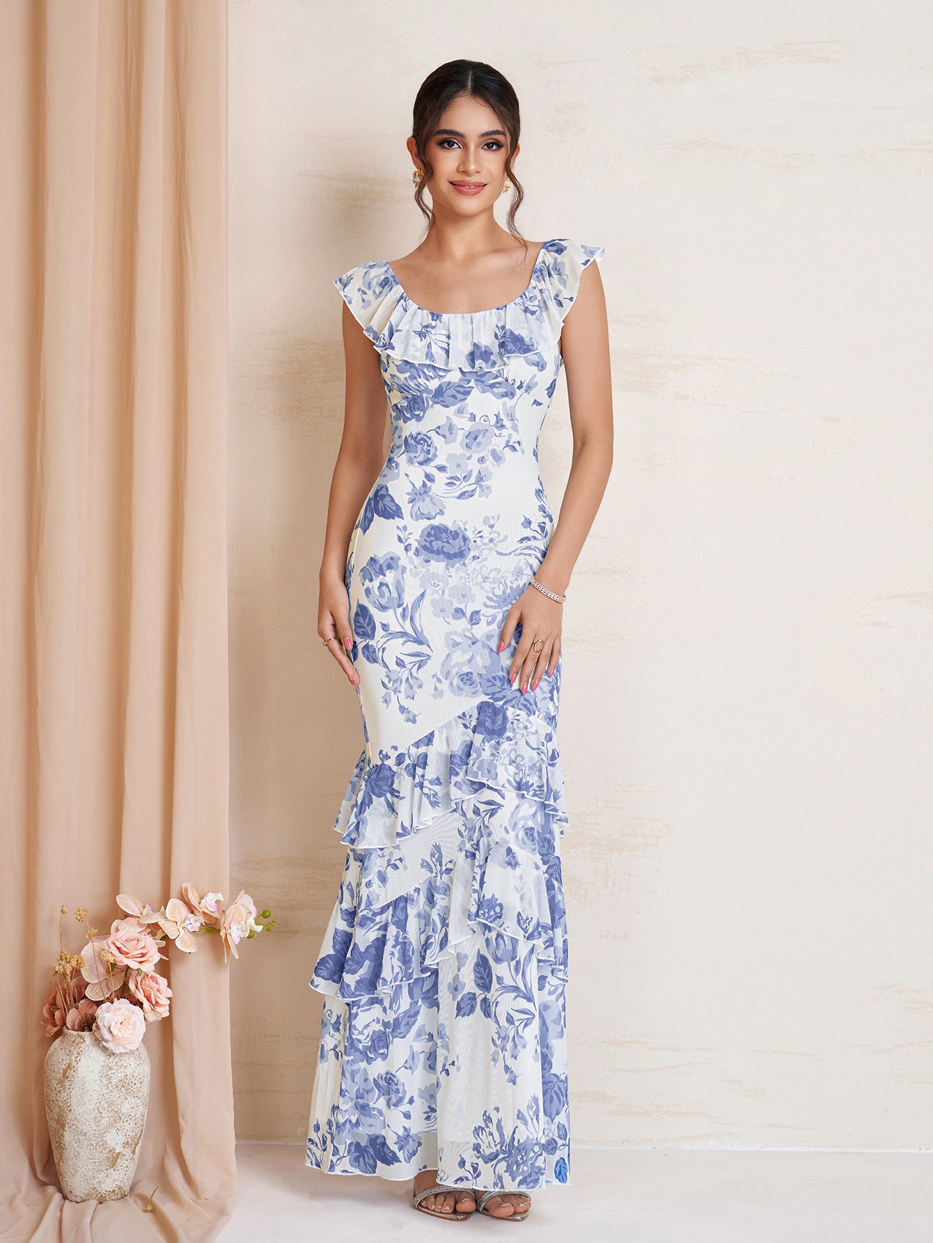 Ruffle Trim Floral Print Bodycon Mesh Dress, BlueFloral / XS