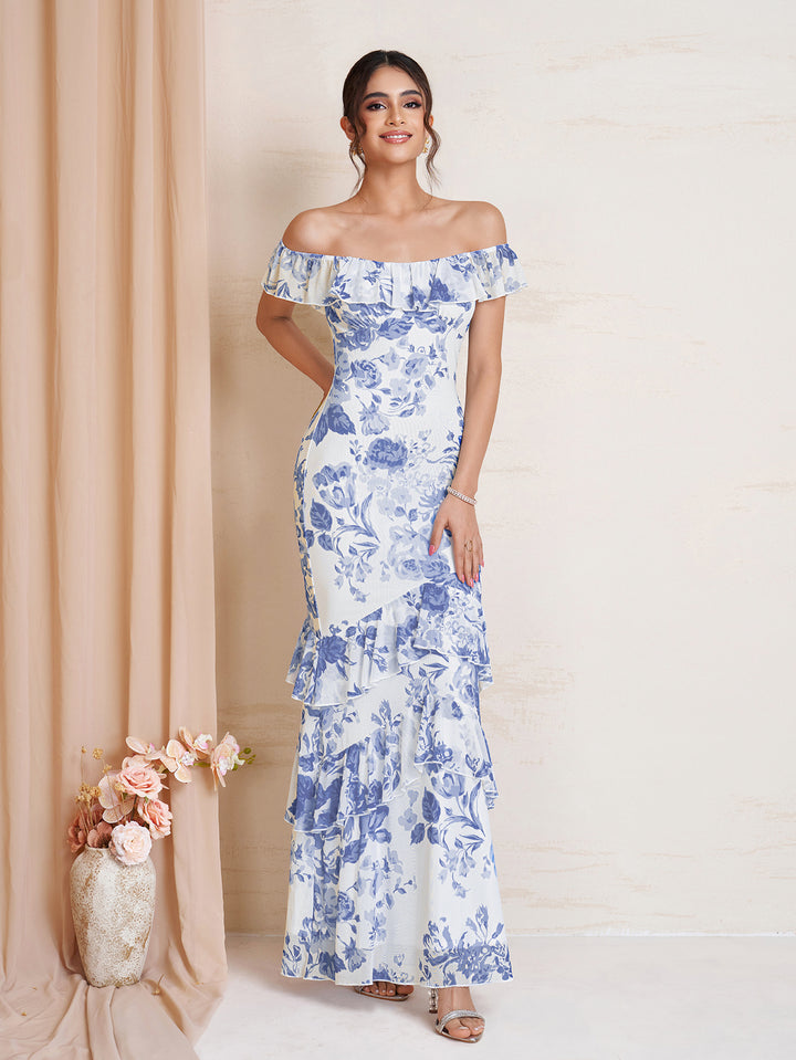 Floral Print Ruffle Trim Bodycon Mesh Dress