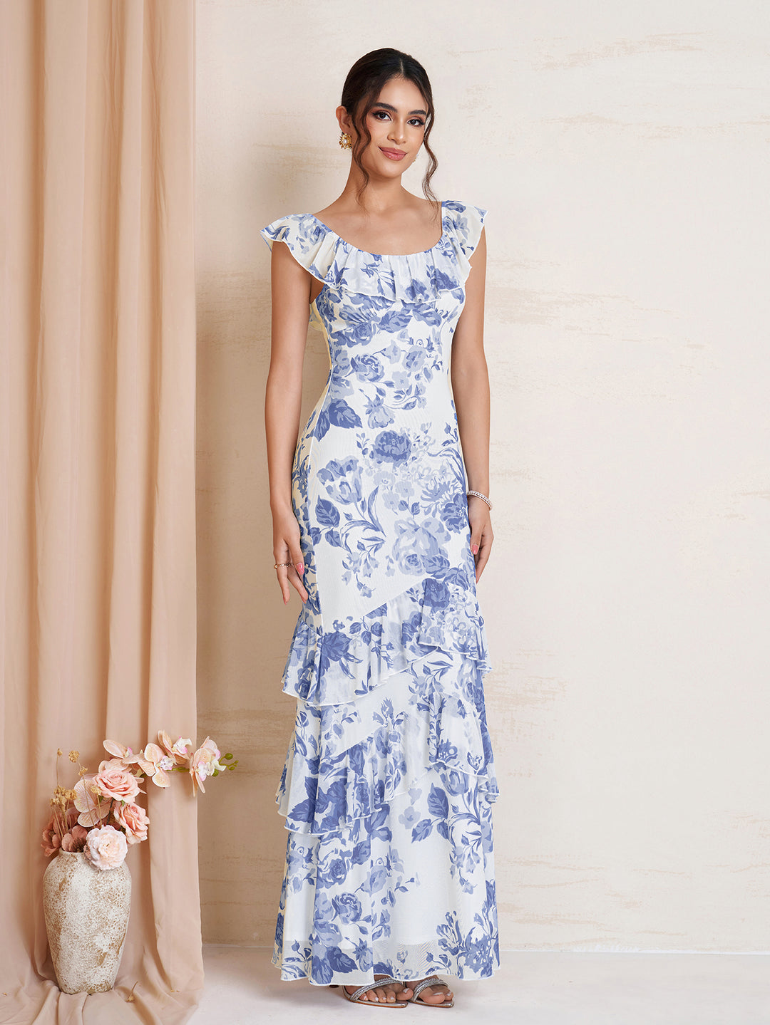 Floral Print Bodycon Ruffle Trim Mesh Dress