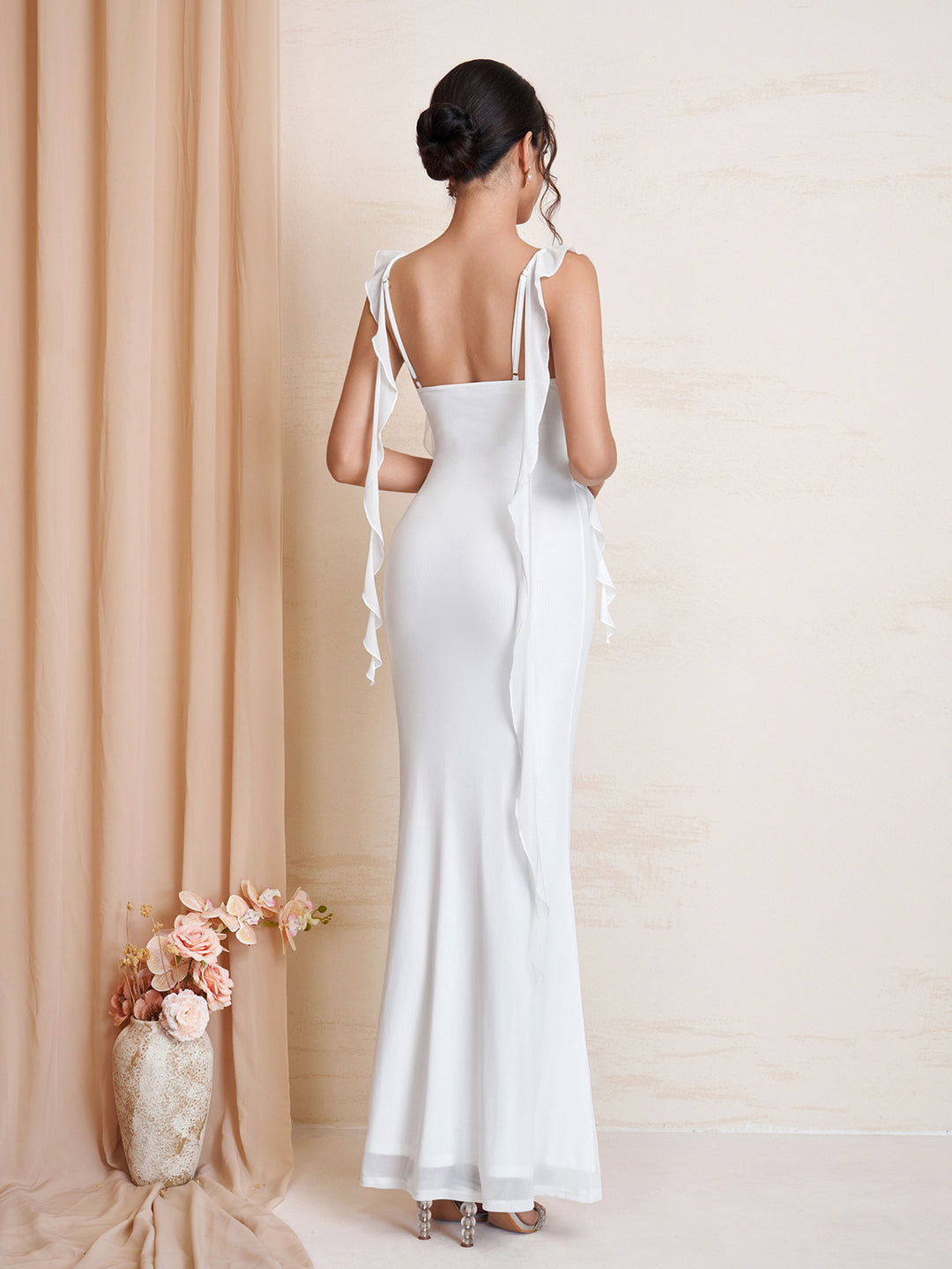 Ruffle Ruched Trim Bodycon Mesh Dress