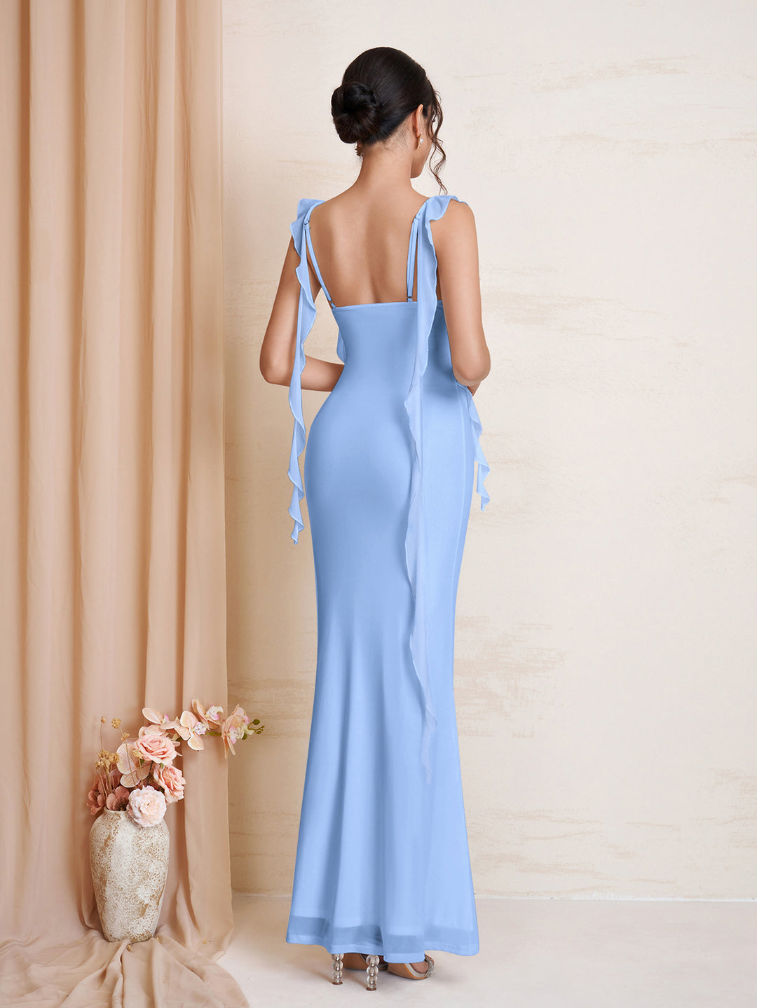Ruffle Trim Bodycon Ruched Mesh Dress