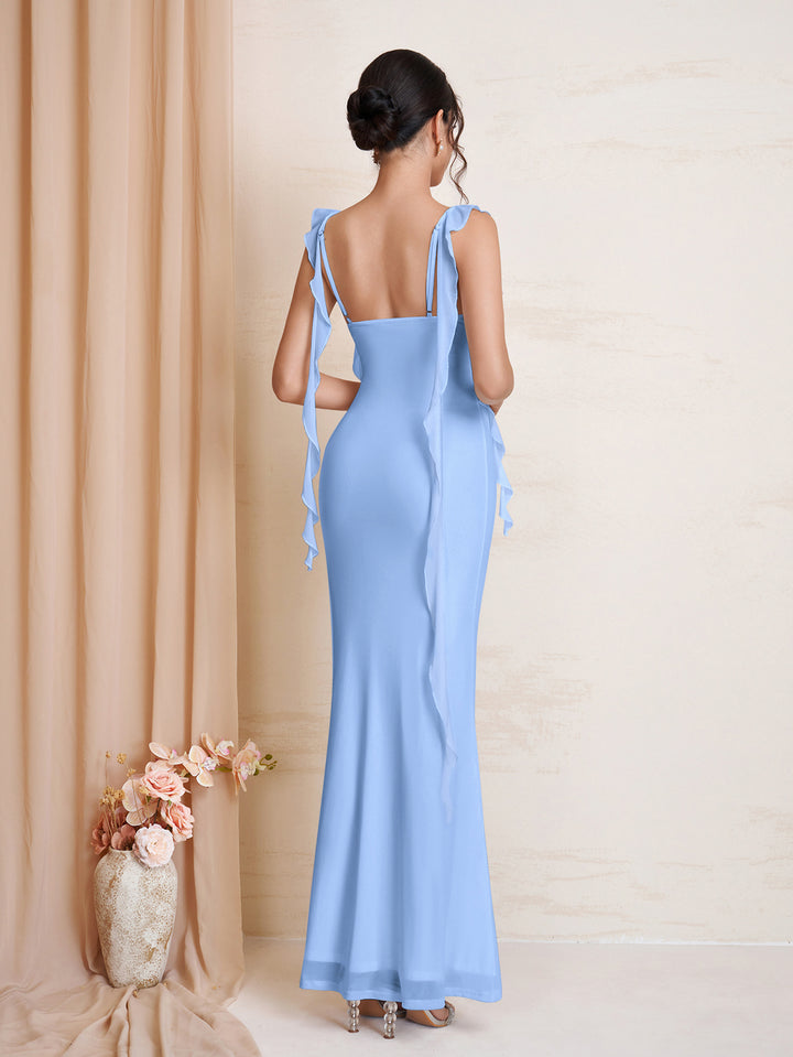 Ruffle Trim Bodycon Ruched Mesh Dress