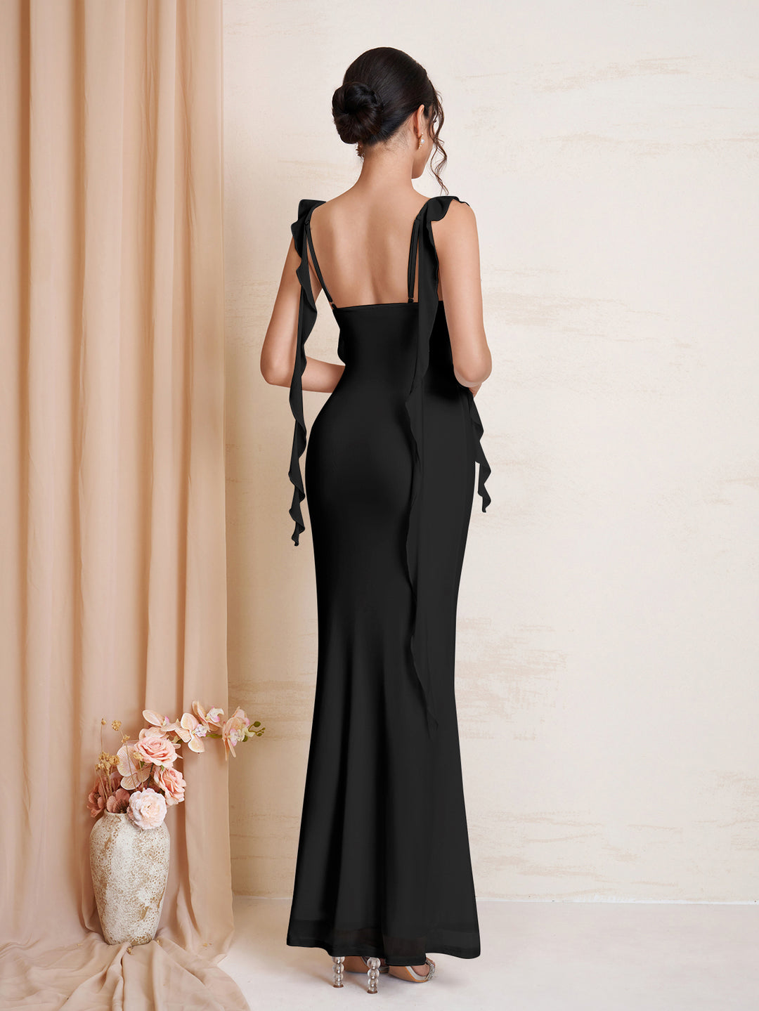 Ruffle Trim Bodycon Ruched Mesh Dress