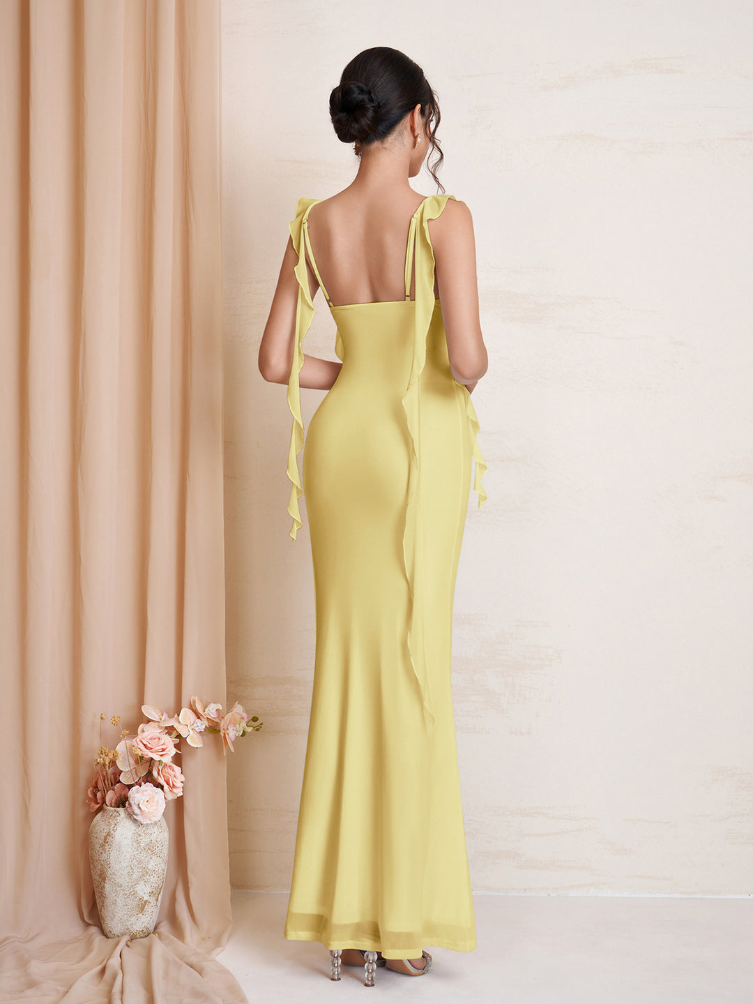 Ruffle Trim Bodycon Ruched Mesh Dress