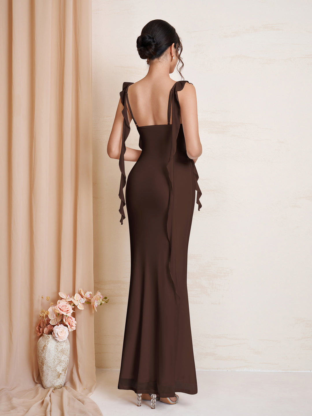 Ruffle Trim Bodycon Ruched Mesh Dress