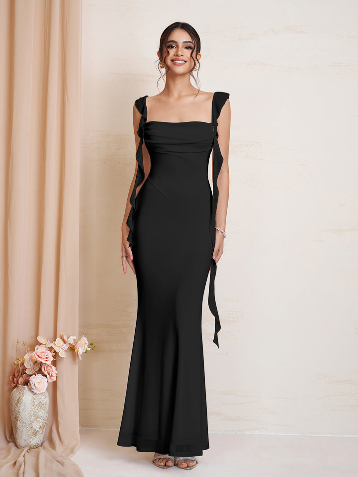 Bodycon Ruched Ruffle Trim Mesh Dress
