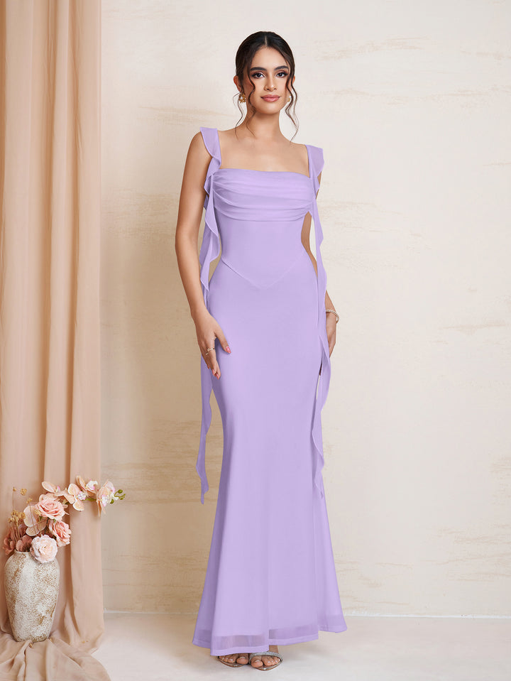 Bodycon Ruched Ruffle Trim Mesh Dress