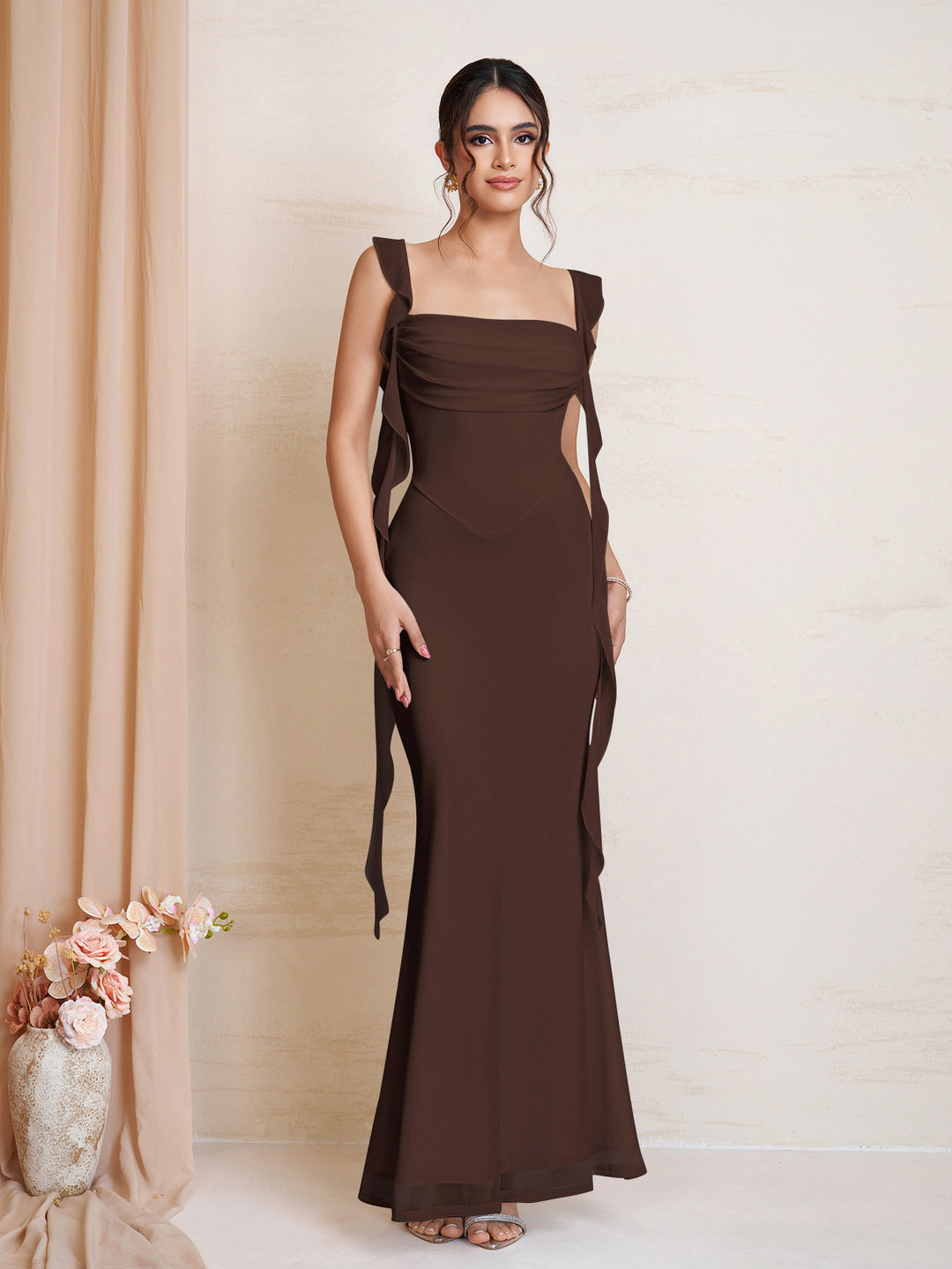 Bodycon Ruffle Trim Ruched Mesh Dress