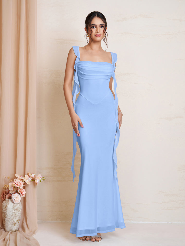 Bodycon Ruffle Trim Ruched Mesh Dress