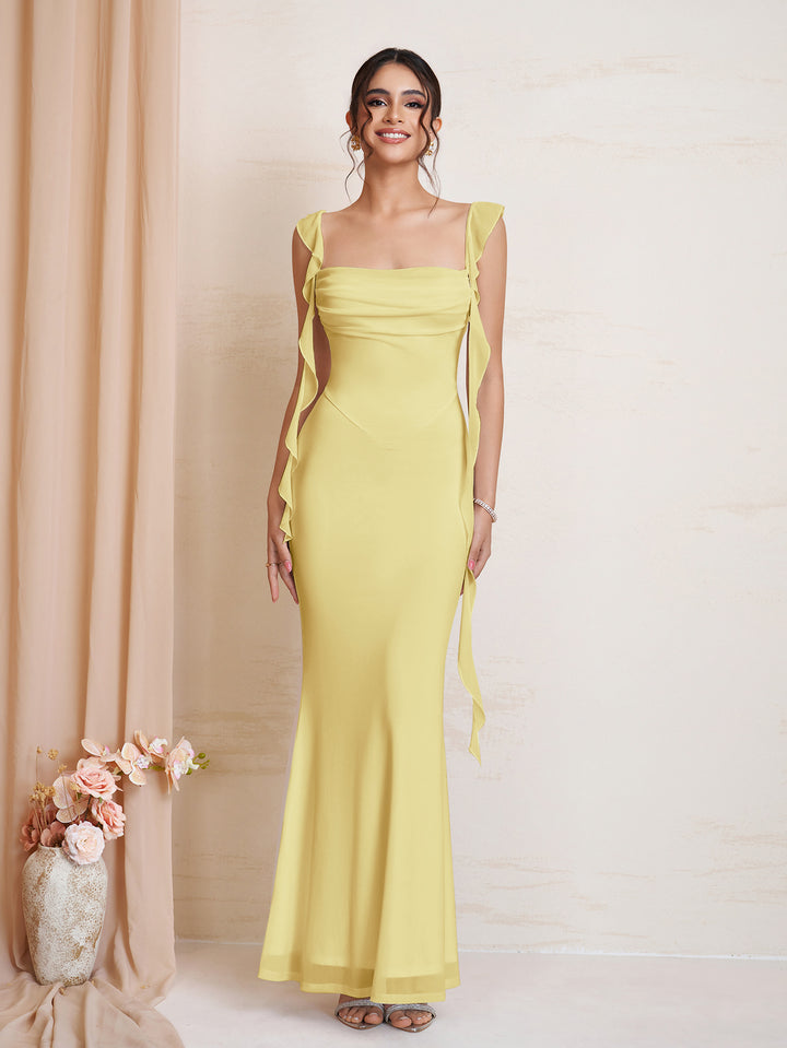 Bodycon Ruffle Trim Ruched Mesh Dress