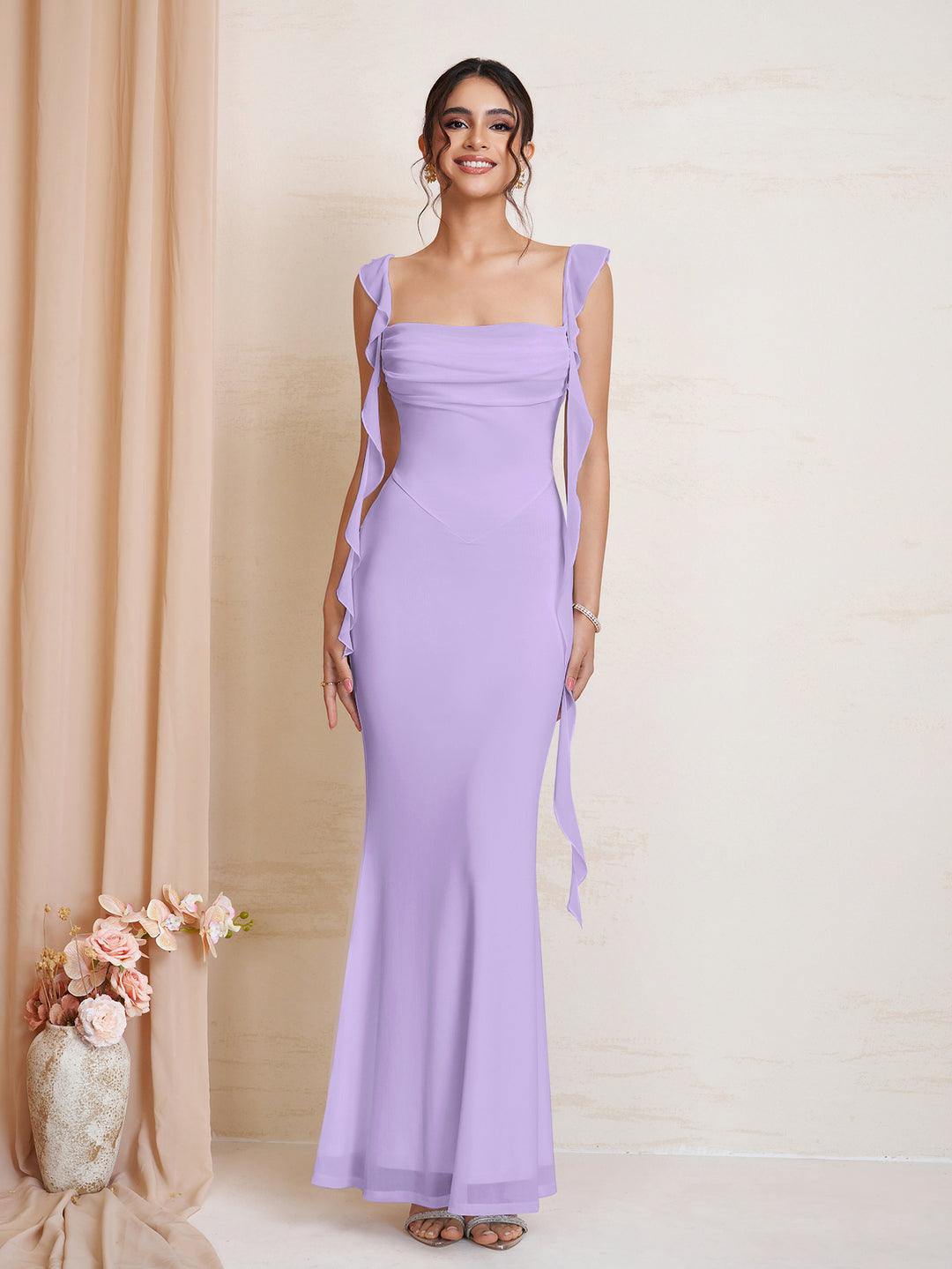 Bodycon Ruffle Trim Ruched Mesh Dress