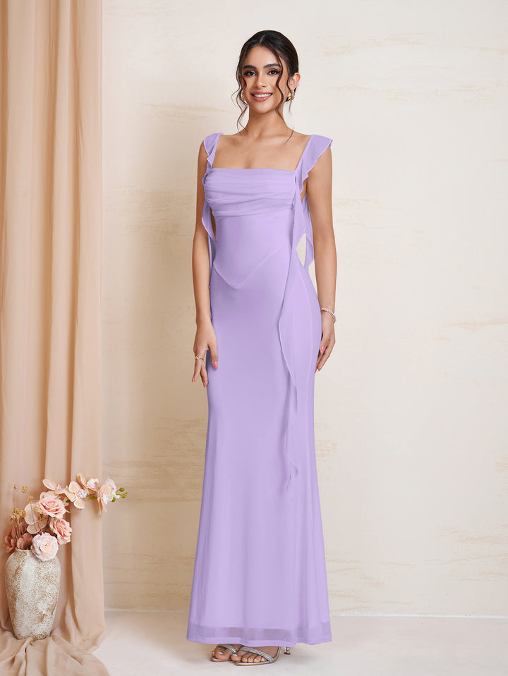 Ruched Ruffle Trim Bodycon Mesh Dress