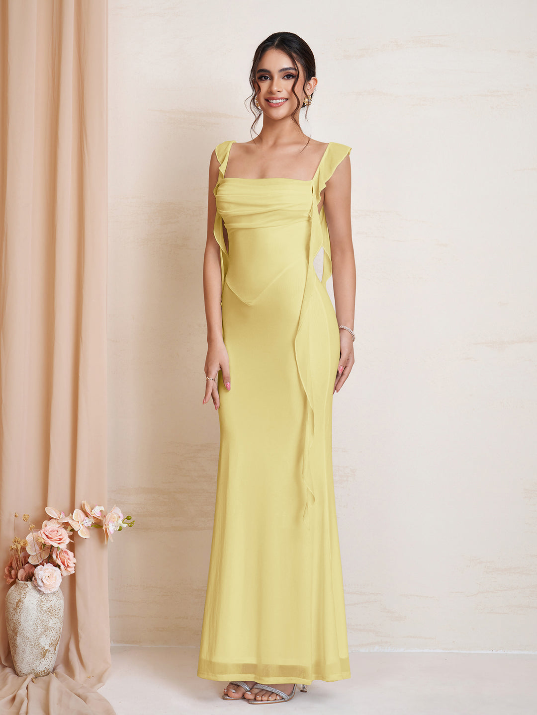 Ruched Ruffle Trim Bodycon Mesh Dress
