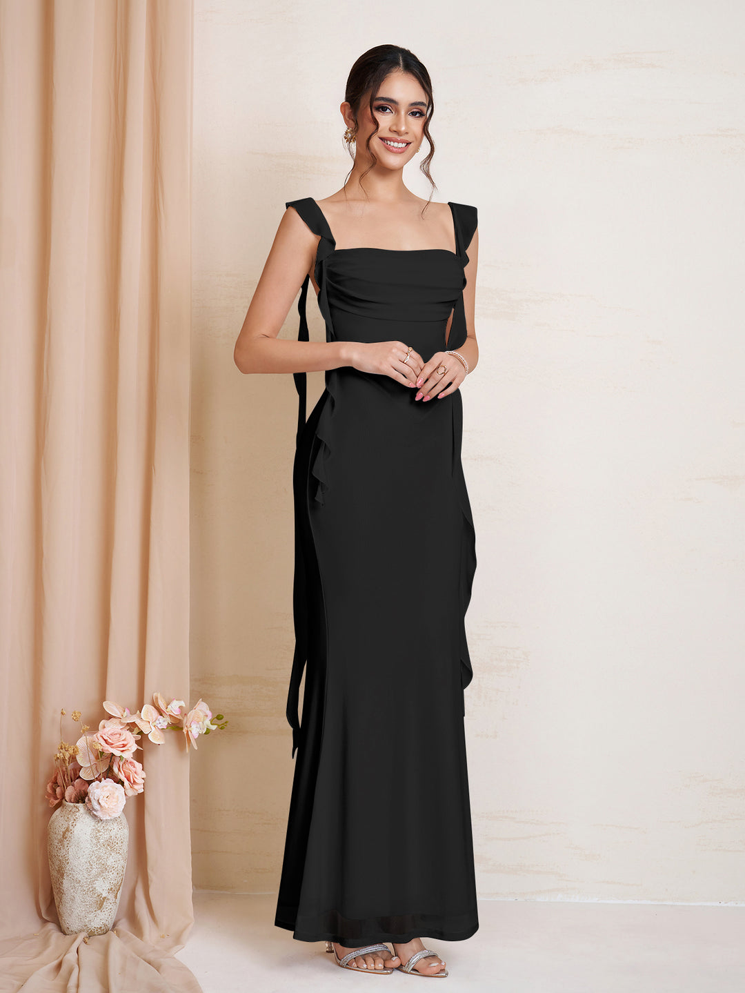 Ruched Ruffle Trim Bodycon Mesh Dress