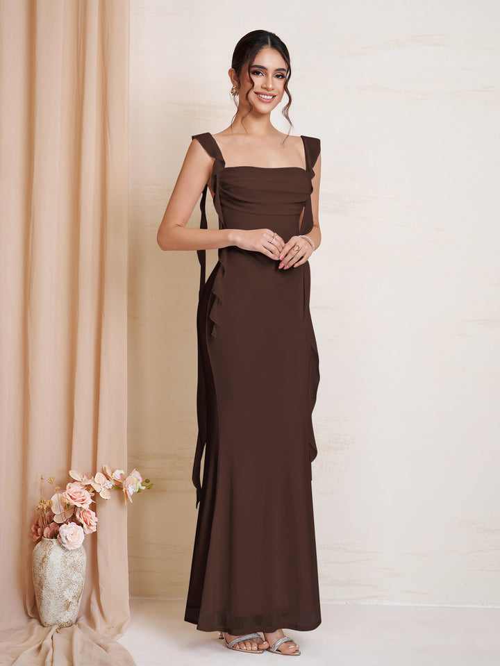 Ruched Ruffle Trim Bodycon Mesh Dress