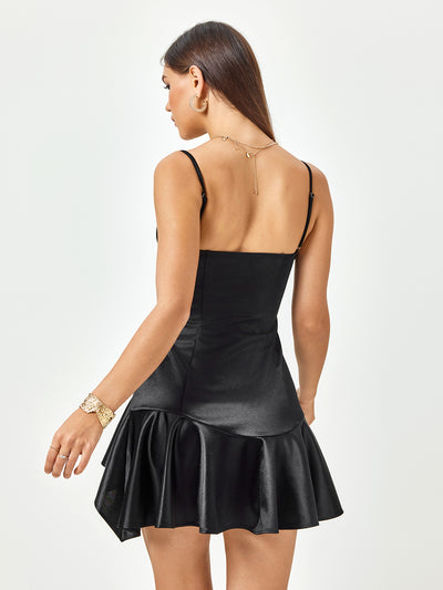 corset satin zipper asymmetrical hem mini dress#color_black