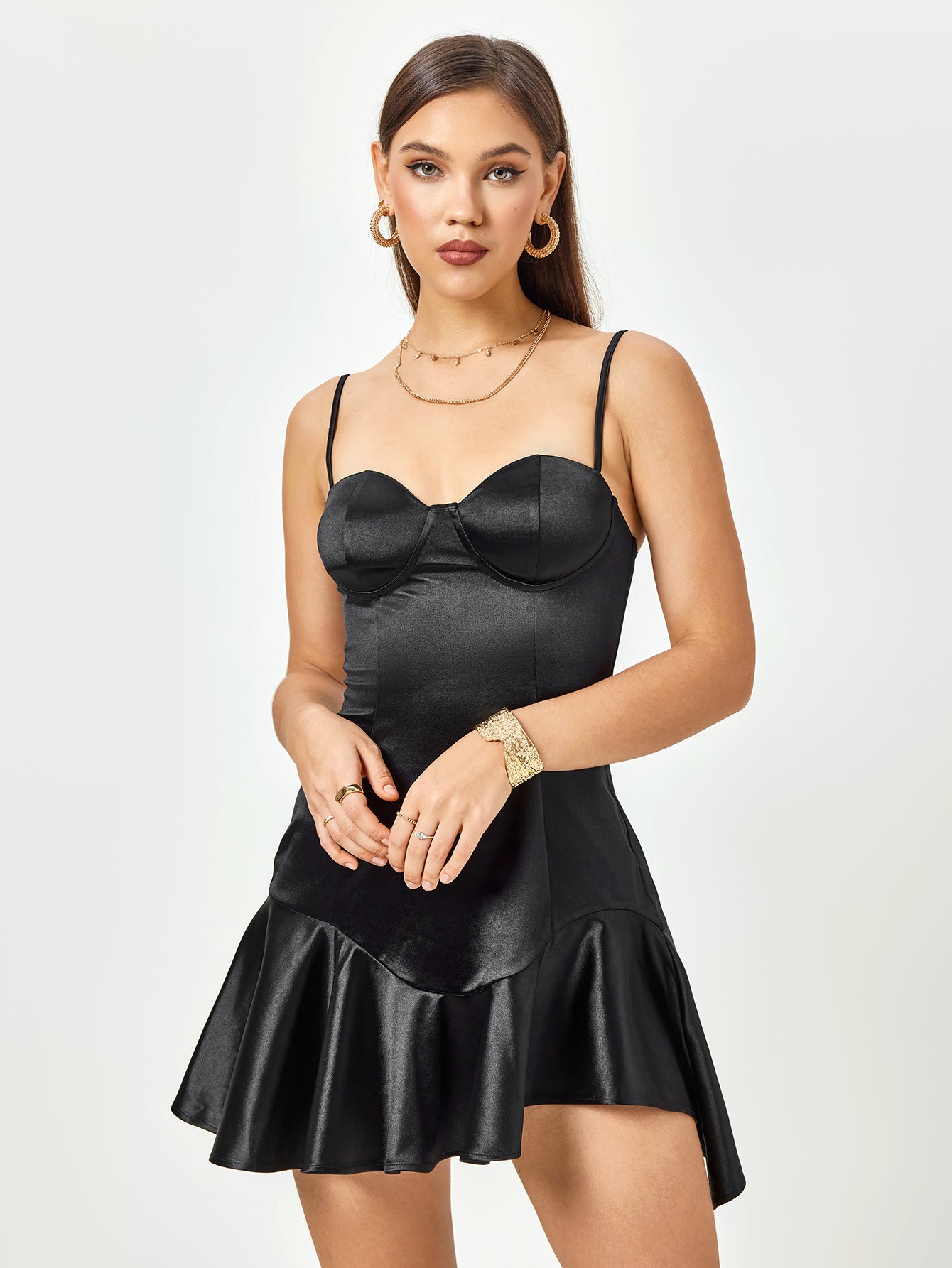 zipper corset satin asymmetrical hem mini dress#color_black