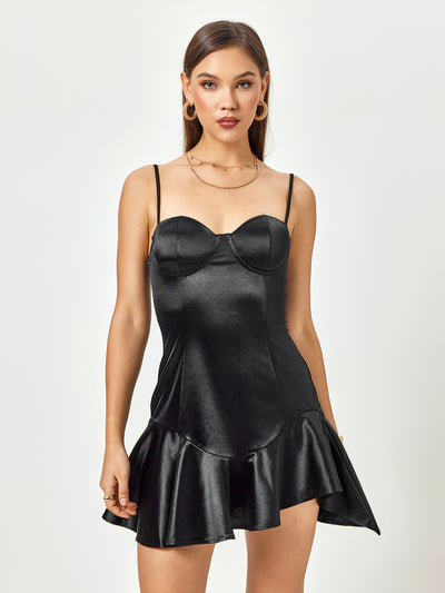 satin corset zipper asymmetrical hem mini dress#color_black