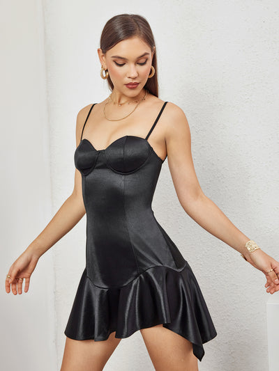 satin zipper corset asymmetrical hem mini dress#color_black
