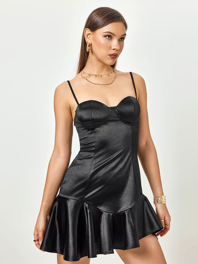 zipper satin corset asymmetrical hem mini dress#color_black