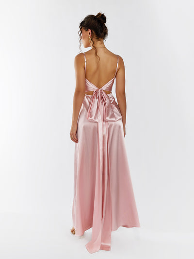 draped satin tie back split dress#color_pink