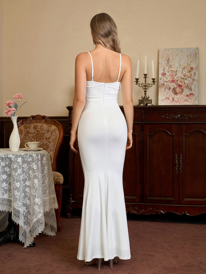 Formal Solid Ruched Bodycon Dress#color_white