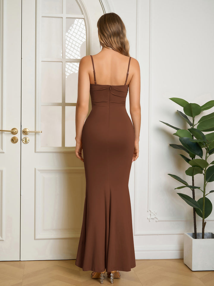 Solid Bodycon Ruched Formal Dress#color_brown