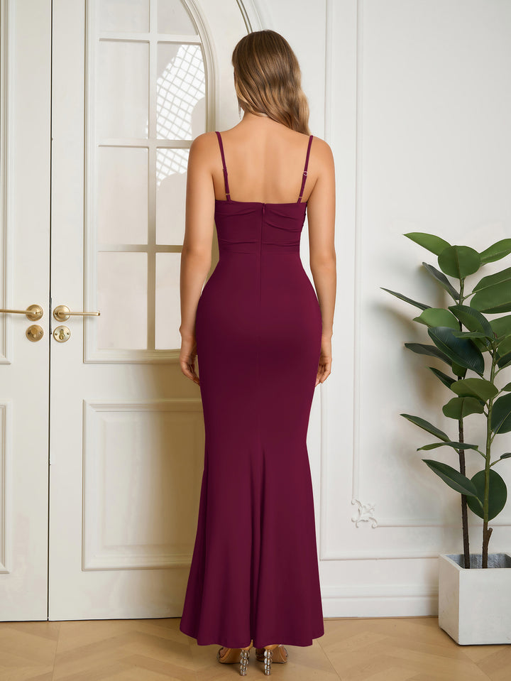 Solid Bodycon Ruched Formal Dress#color_wine