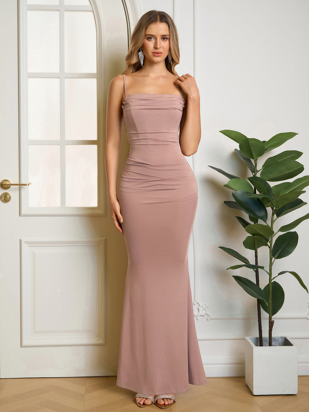 Formal Bodycon Solid Ruched Dress#color_khaki