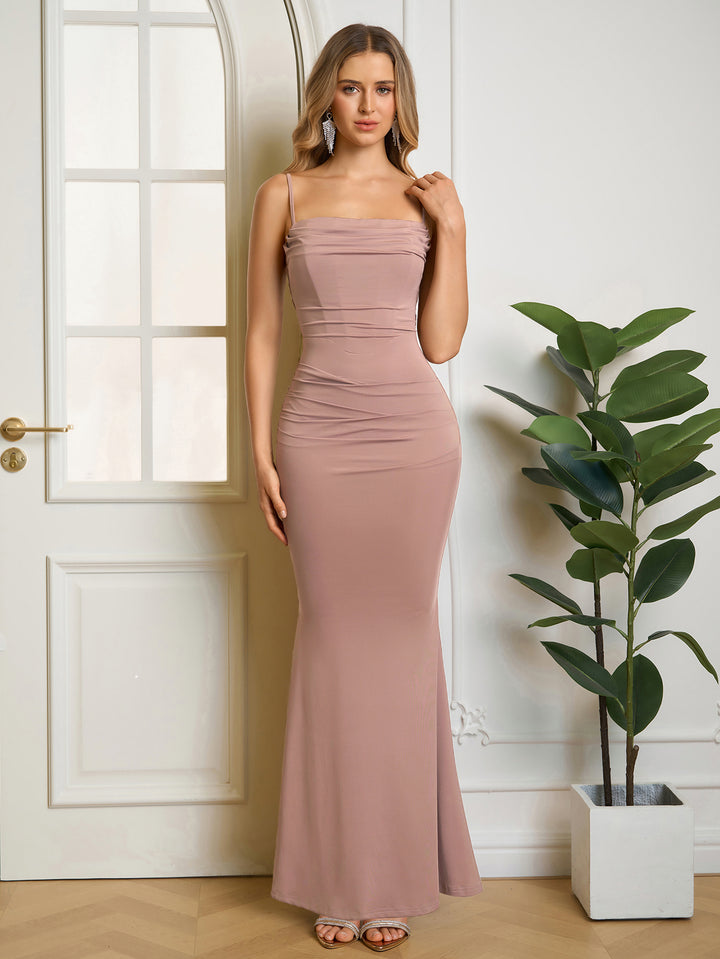 Formal Bodycon Solid Ruched Dress#color_khaki