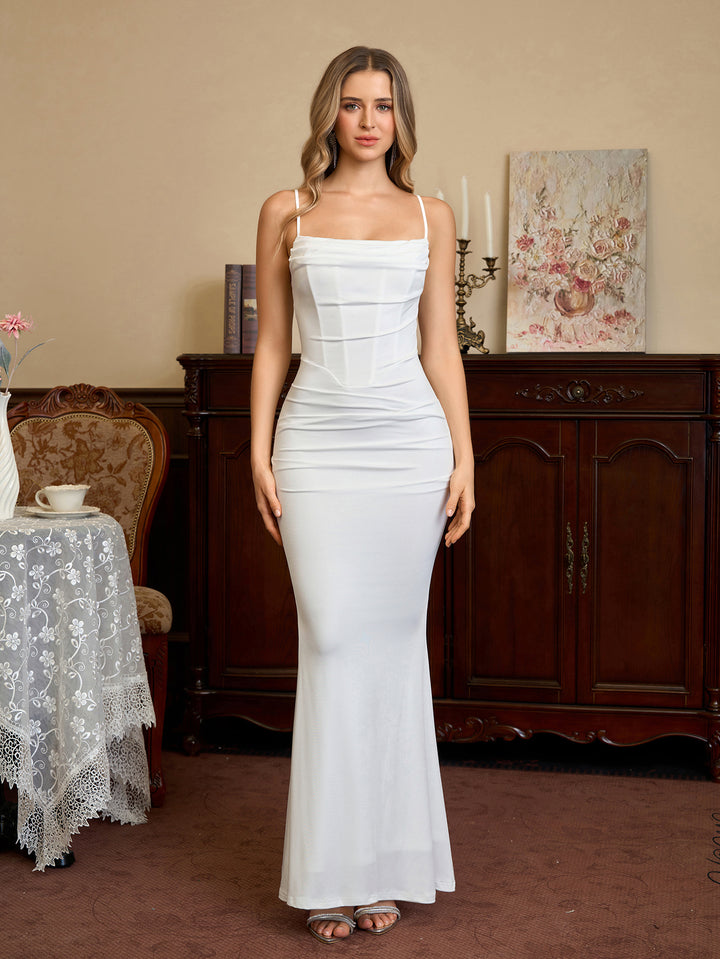 Formal Bodycon Solid Ruched Dress#color_white